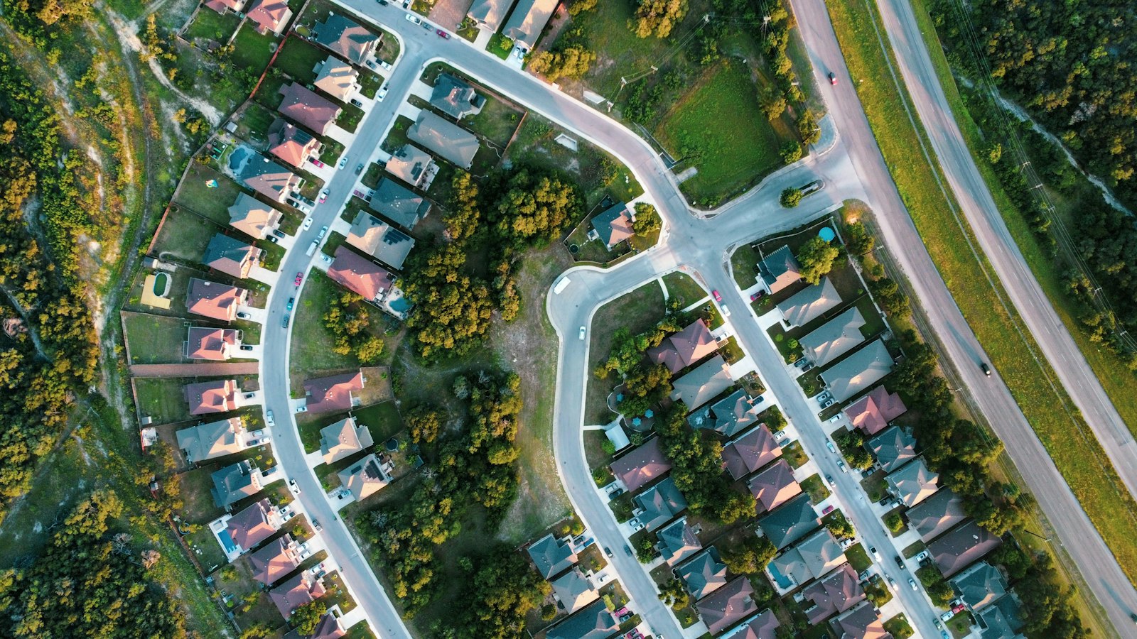 Aerial view of winding suburban streets