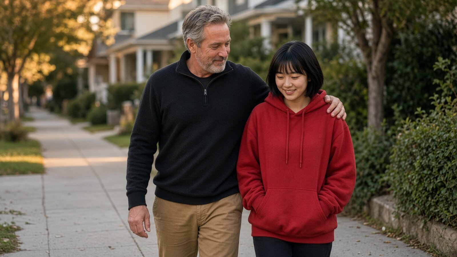 An experienced rep walking a neighborhood with a new rep in the evening light