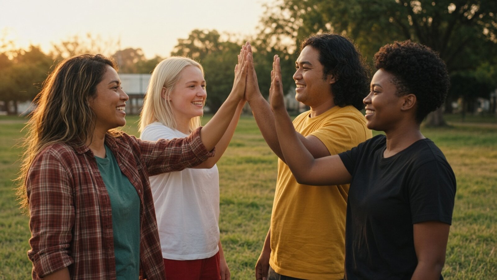 Four teammates high fiving in a field at golden hour