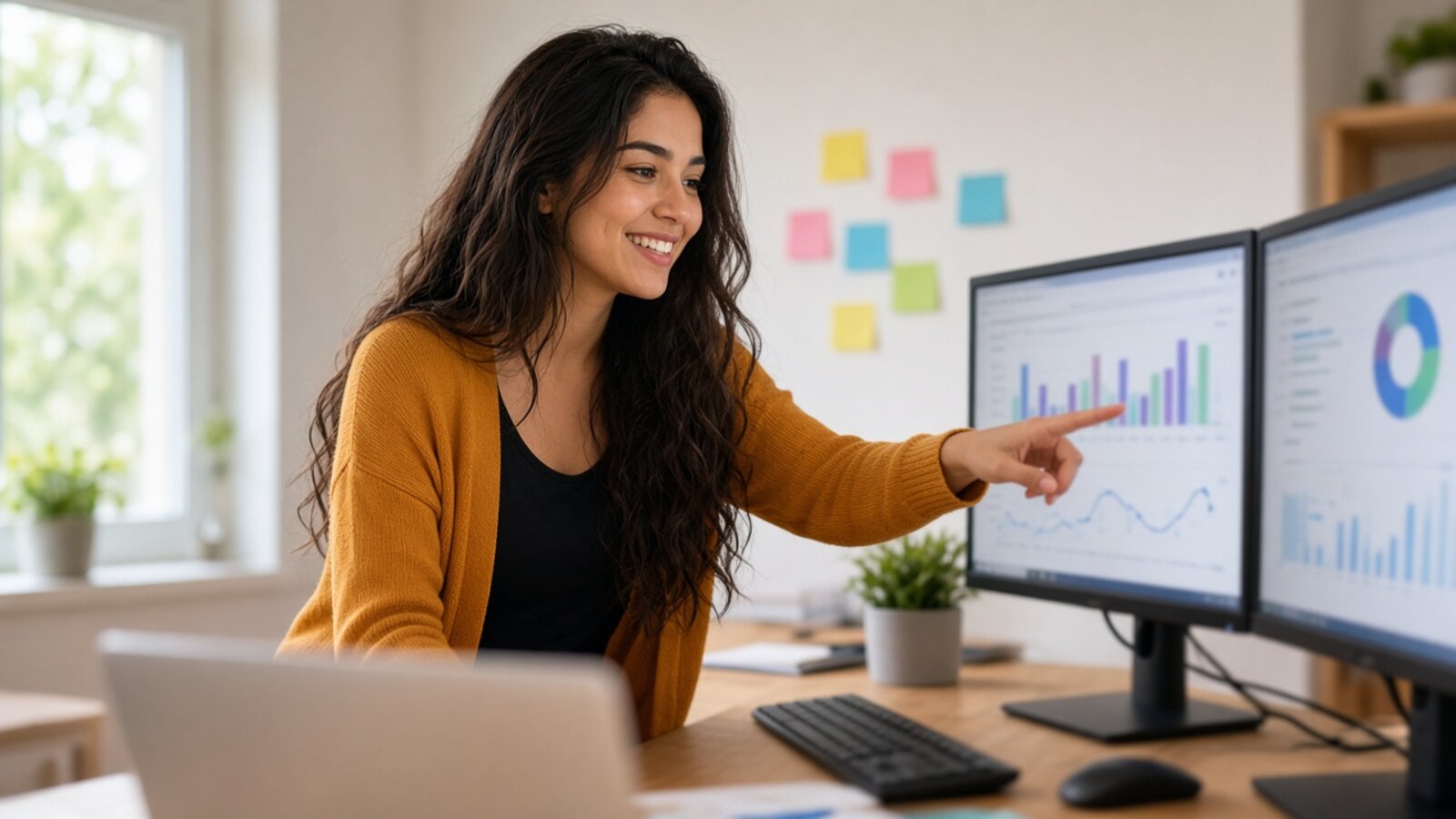 A woman pointing at performance charts on a monitor in a home office