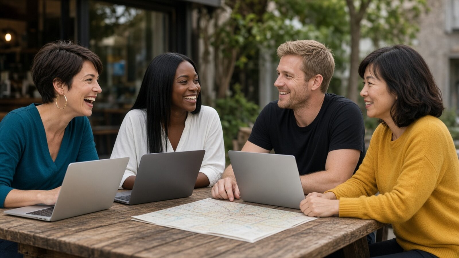 Four team owners laughing around laptops and a map at a coffee shop table