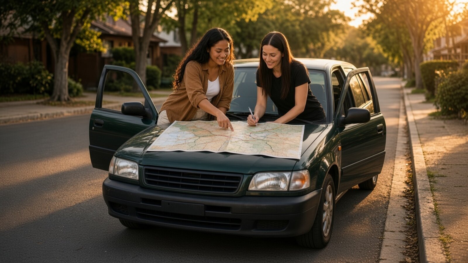 Two reps reviewing a paper territory map on the hood of an SUV