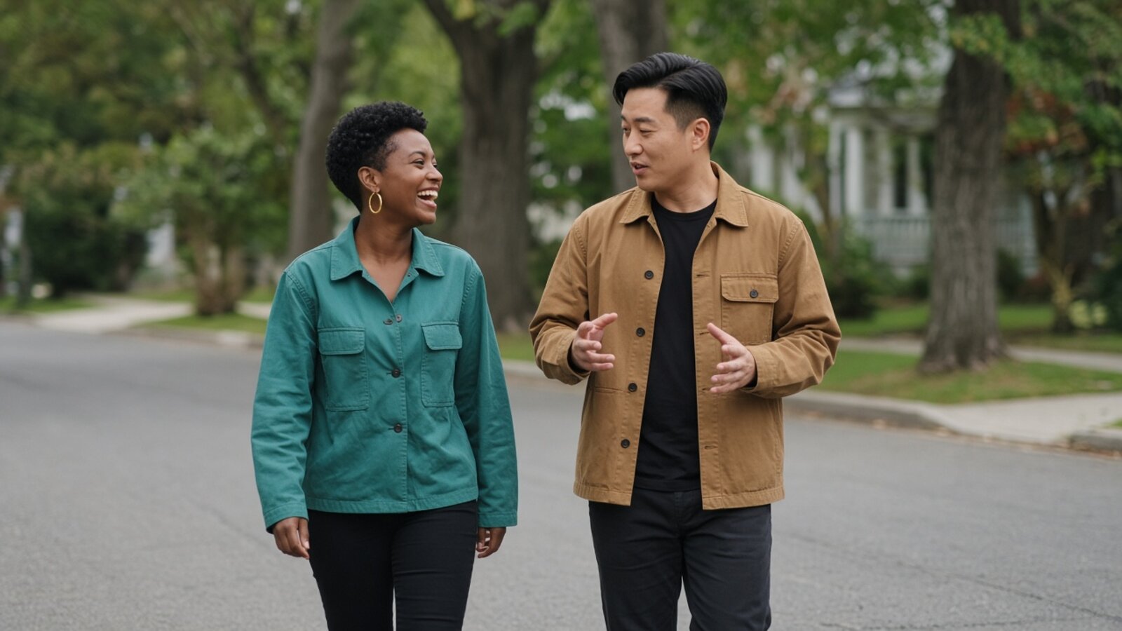 Two reps talking as they cross a tree lined street