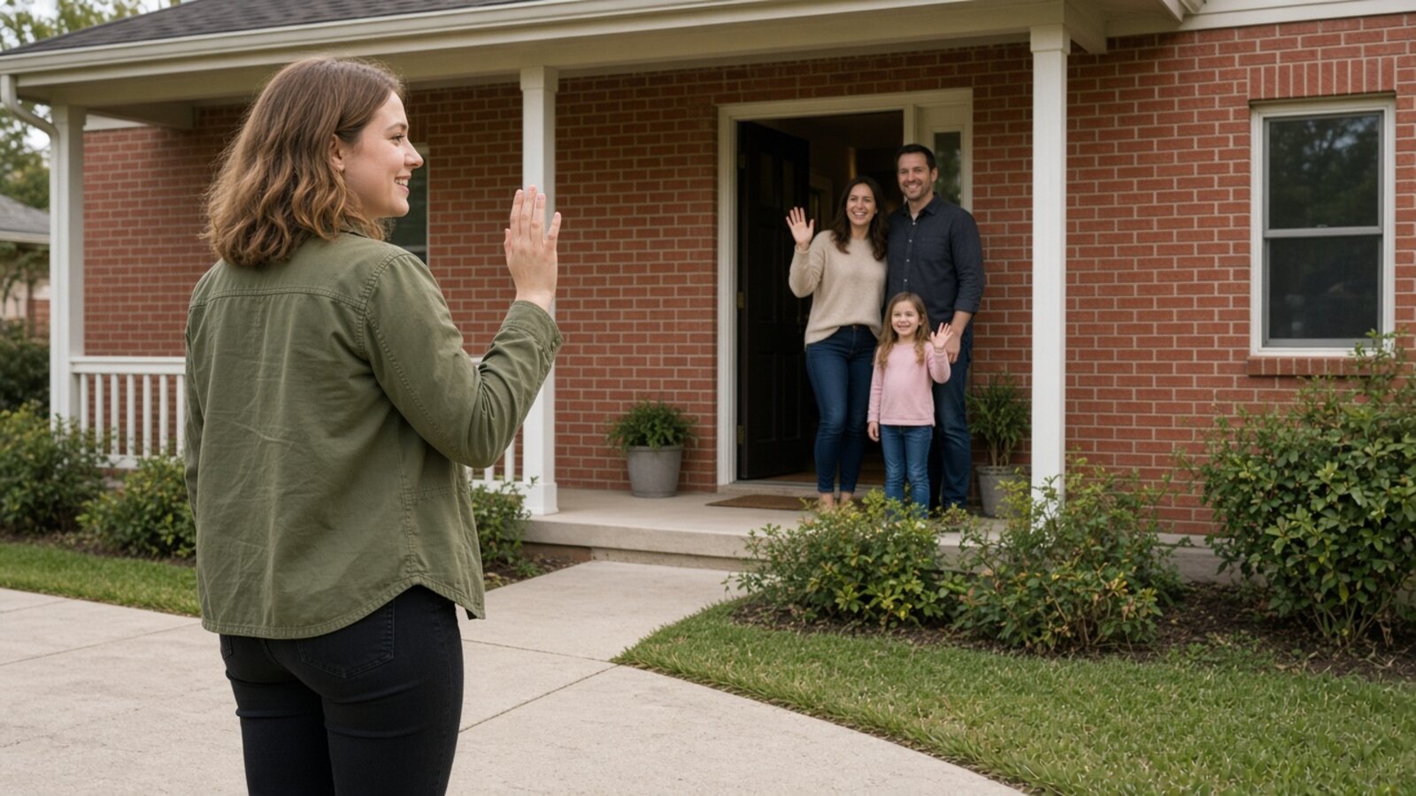 A rep waving goodbye to a family at the door of their brick house