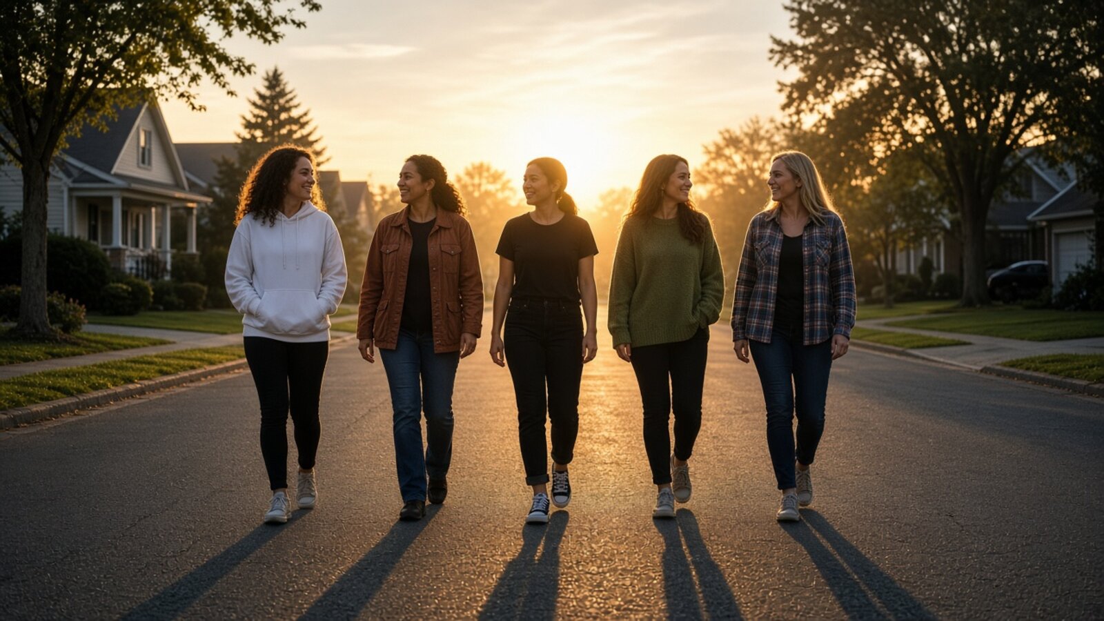 A group of reps walking a neighborhood street at sunrise