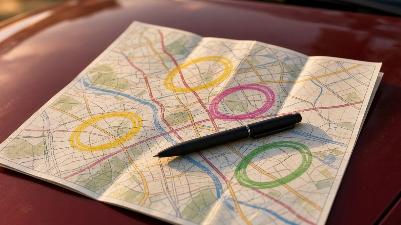 A street map with colored circles and a pen resting on a car hood